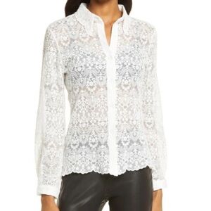 AMYLYNN Lace Long Sleeve White Button Down Collared Blouse SIZE LARGE
